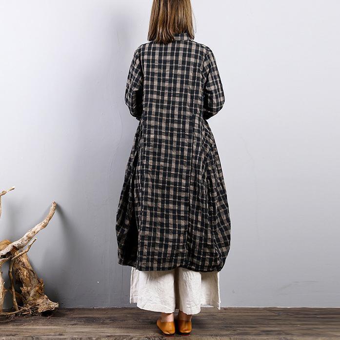 Fine plaid  natural linen dress casual holiday dresses big hem Fine lapel collar natural linen shirt dress - Omychic