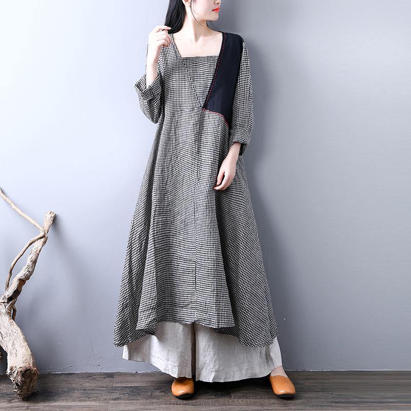 Fine Plaid Linen Maxi Dress Casual Long Sleeve Fall Dresses Fine Big Hem Caftans  ( Limited Stock) - Omychic