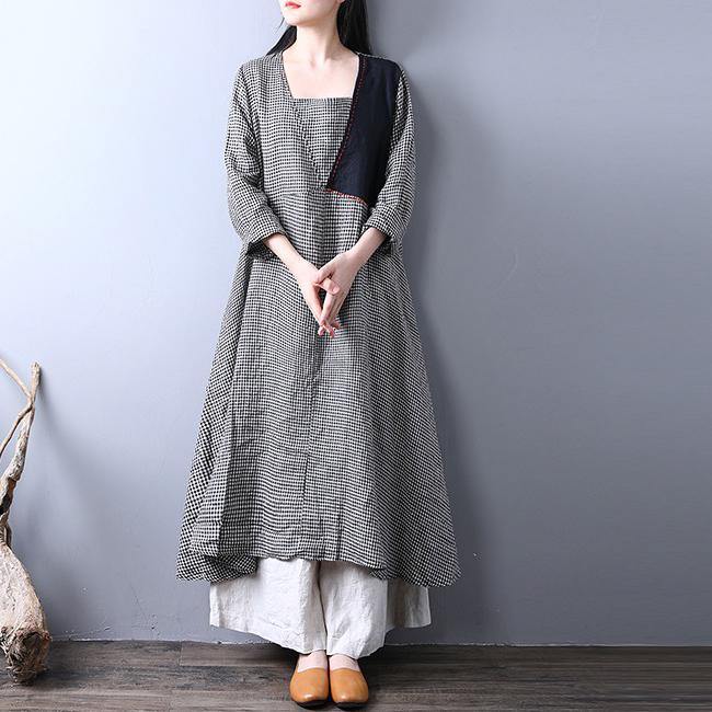 Fine Plaid Linen Maxi Dress Casual Long Sleeve Fall Dresses Fine Big Hem Caftans  ( Limited Stock) - Omychic