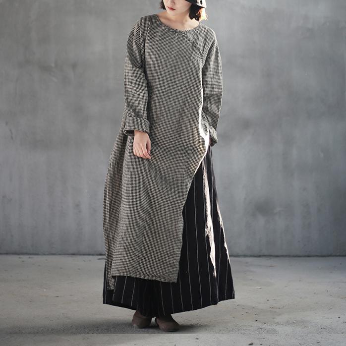 Fine plaid natural linen dress  trendy plus size side open traveling dress vintage long sleeve caftans - Omychic