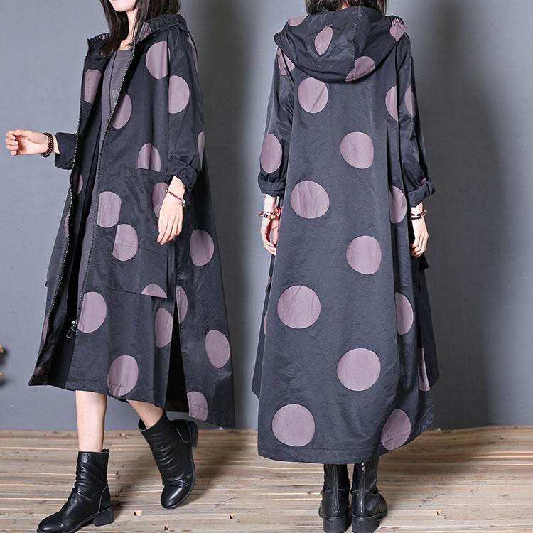 Fine plus size fall coat black dotted hooded pockets Coat Women - Omychic