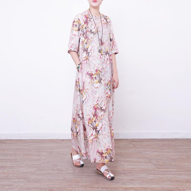 Fine prints long linen dress trendy plus size o neck gown vintage half sleeve linen caftans - Omychic