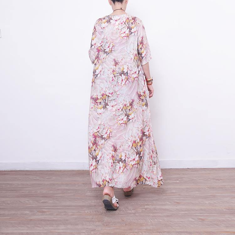 Fine prints long linen dress trendy plus size o neck gown vintage half sleeve linen caftans - Omychic