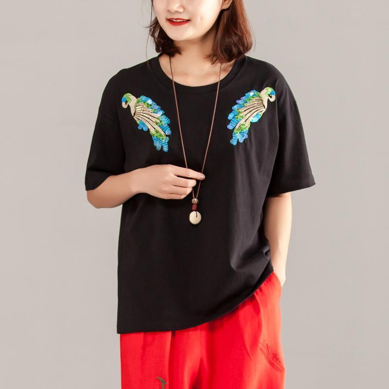 Fine pure cotton blouse Loose fitting Women Short Sleeve Cotton Summer Casual Black Tops - Omychic