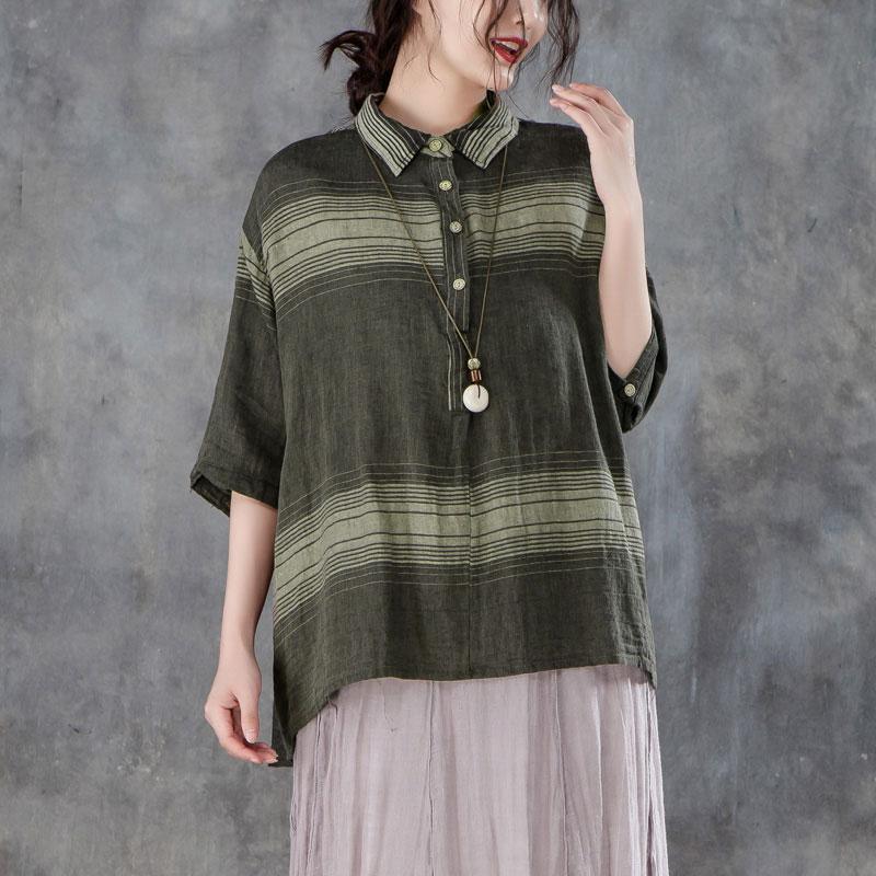 Fine pure cotton linen blouse plus size Women Polo Collar 12 Sleeve Stripe Casual Blouse - Omychic