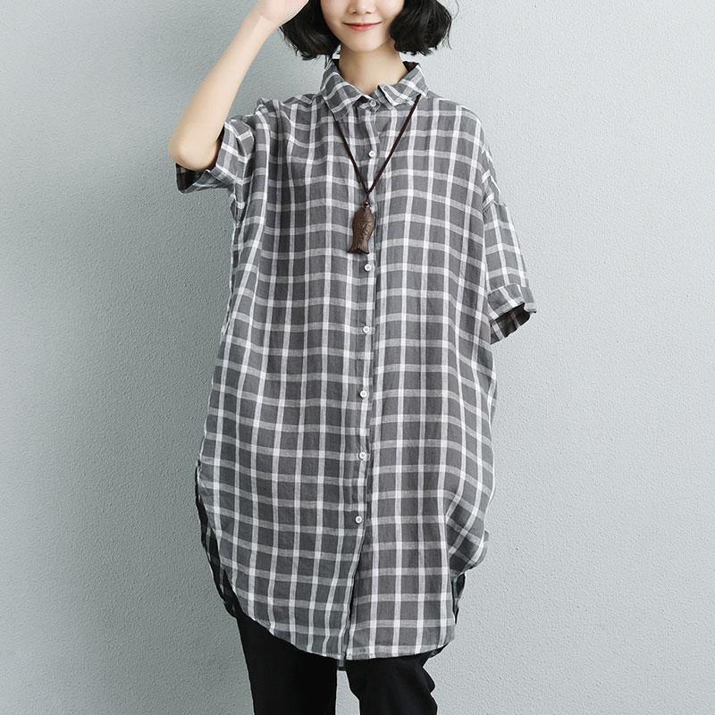 Fine pure linen tops oversized Summer Short Sleeve Plaid Pockets Casual Long Shirts - Omychic