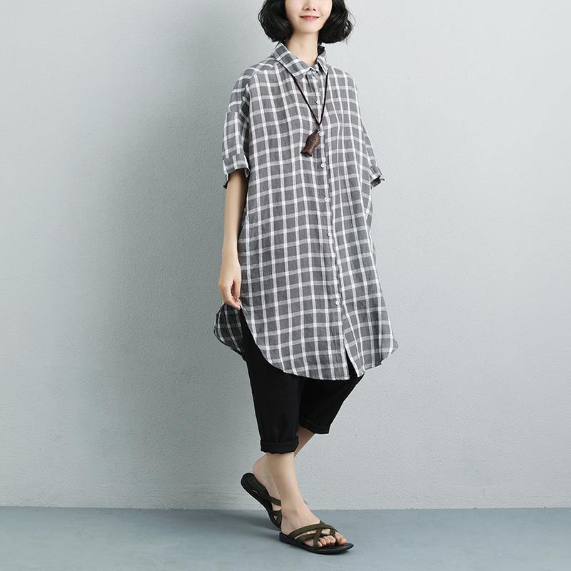 Fine pure linen tops oversized Summer Short Sleeve Plaid Pockets Casual Long Shirts - Omychic