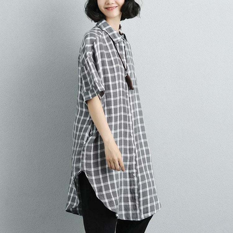 Fine pure linen tops oversized Summer Short Sleeve Plaid Pockets Casual Long Shirts - Omychic