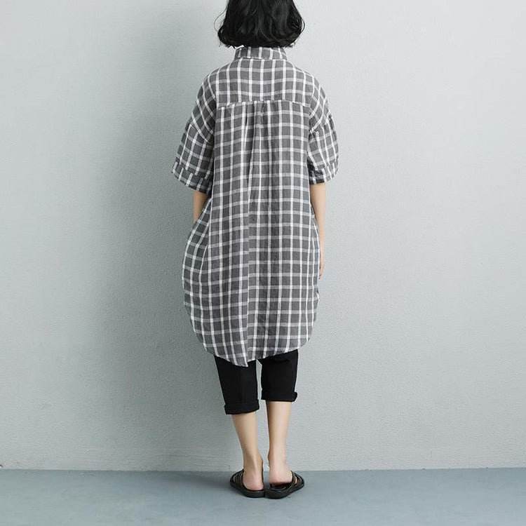 Fine pure linen tops oversized Summer Short Sleeve Plaid Pockets Casual Long Shirts - Omychic