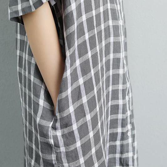 Fine pure linen tops oversized Summer Short Sleeve Plaid Pockets Casual Long Shirts - Omychic