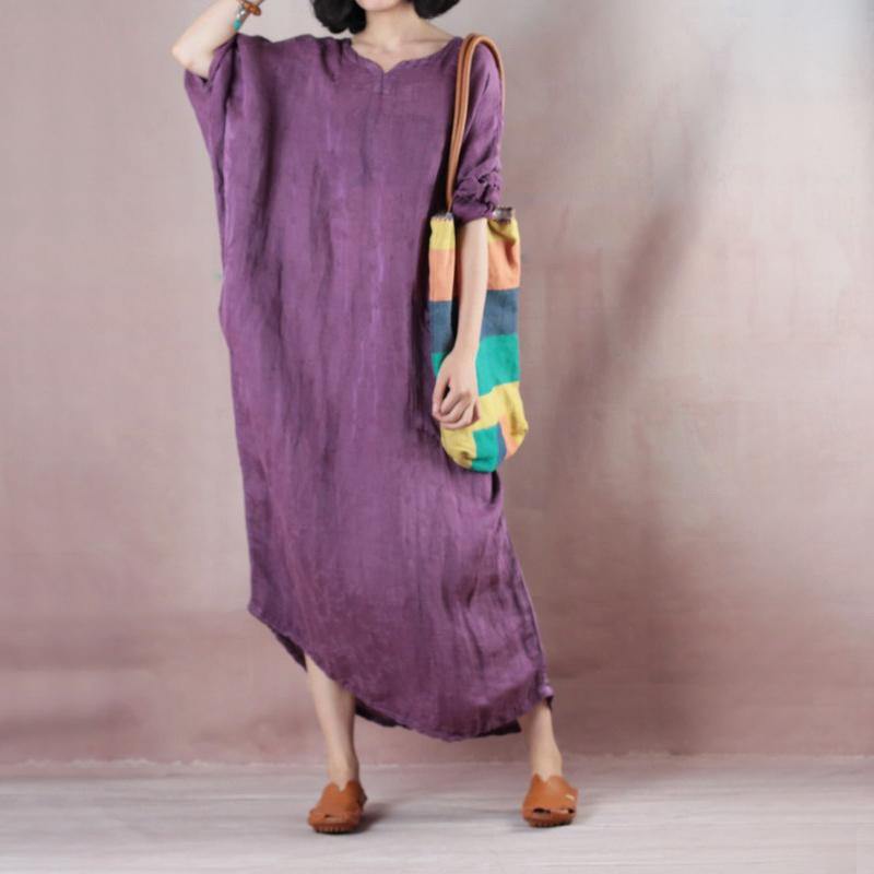 Fine purple long linen dresses oversize o neck asymmetrical design traveling clothing casual - Omychic