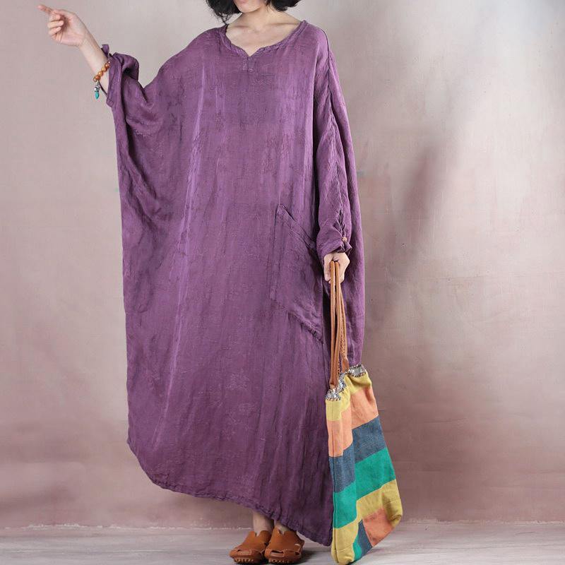 Fine purple long linen dresses oversize o neck asymmetrical design traveling clothing casual - Omychic