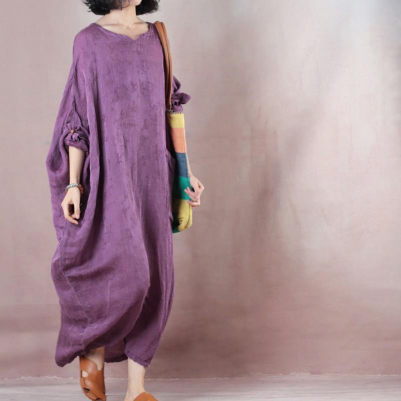 Fine purple long linen dresses oversize o neck asymmetrical design traveling clothing casual - Omychic