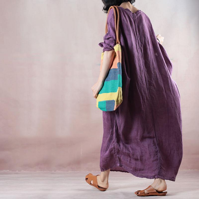 Fine purple long linen dresses oversize o neck asymmetrical design traveling clothing casual - Omychic