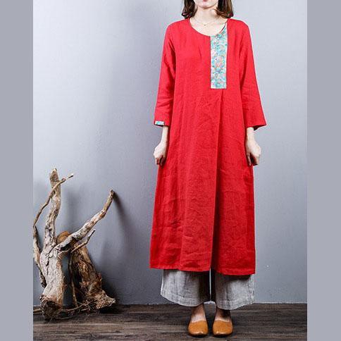 Fine red 2018 fall dress plus size linen cotton dress o neck Elegant patchwork linen clothing dress - Omychic