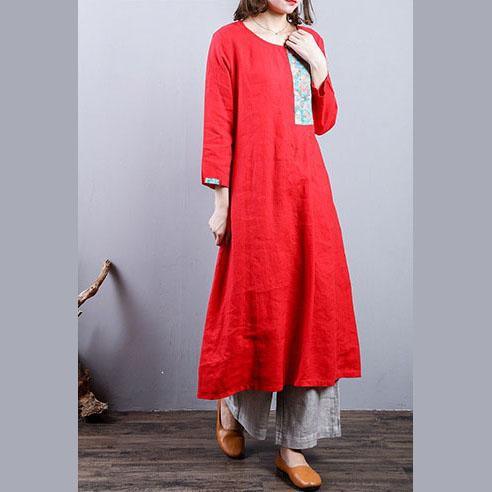 Fine red 2018 fall dress plus size linen cotton dress o neck Elegant patchwork linen clothing dress - Omychic