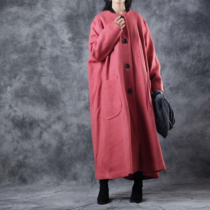 Fine red Wool Coat plus size clothing o neck outwear Fashion pockets large hem long coat - Omychic