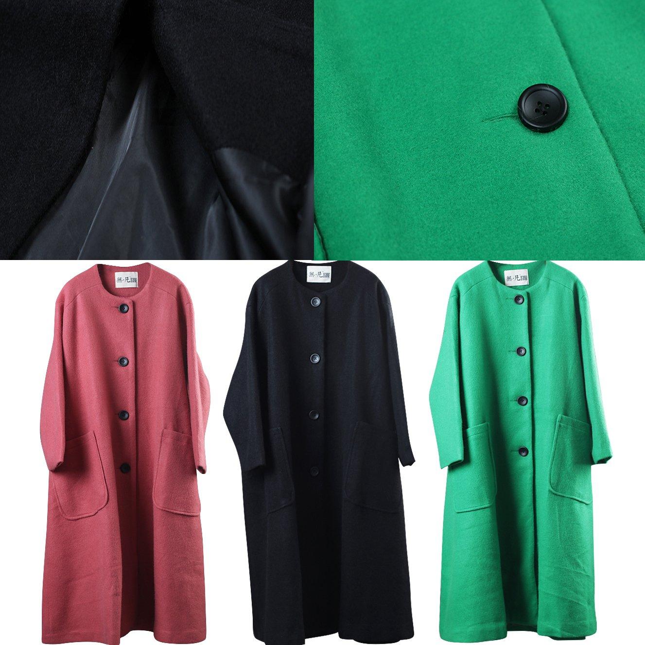 Fine red Wool Coat plus size clothing o neck outwear Fashion pockets large hem long coat - Omychic