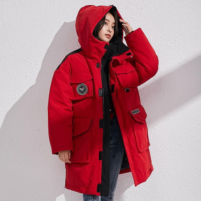 Fine red down coat winter casual hooded snow jackets big pockets overcoat - Omychic