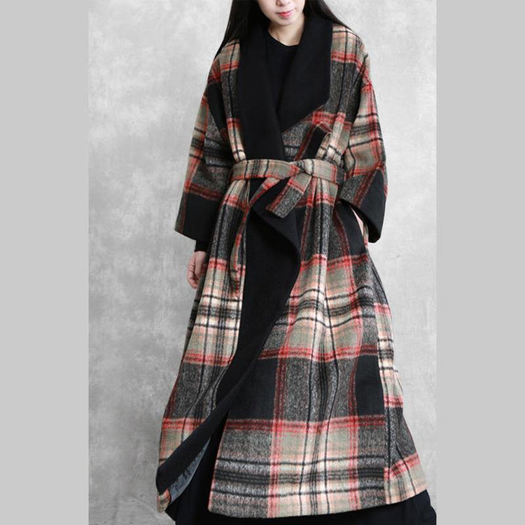 Fine red plaid Woolen Coat Women Loose fitting maxi coat Notched tie waist - Omychic