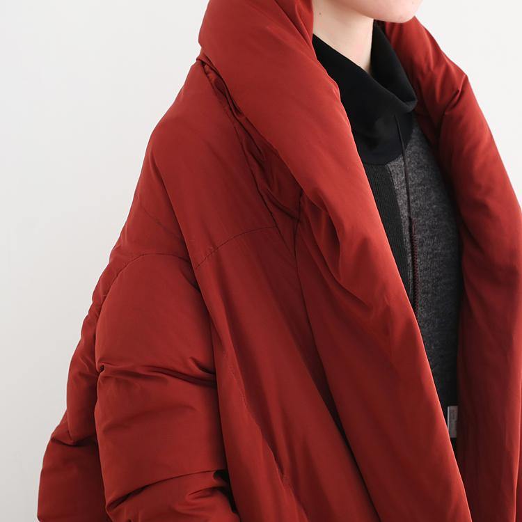 Fine red quilted coat plus size high neck pockets quilted coat Casual asymmetric trench coat - Omychic