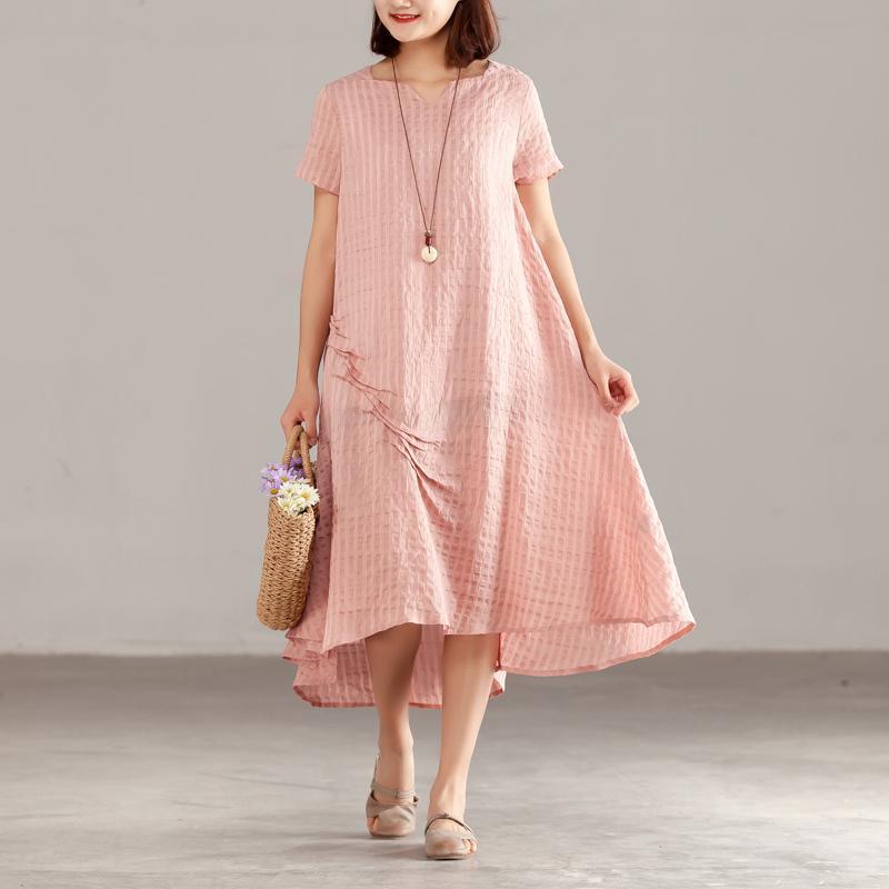 Fine silk linen summer dress stylish Women Pink Short Sleeve Summer Casual Dress - Omychic