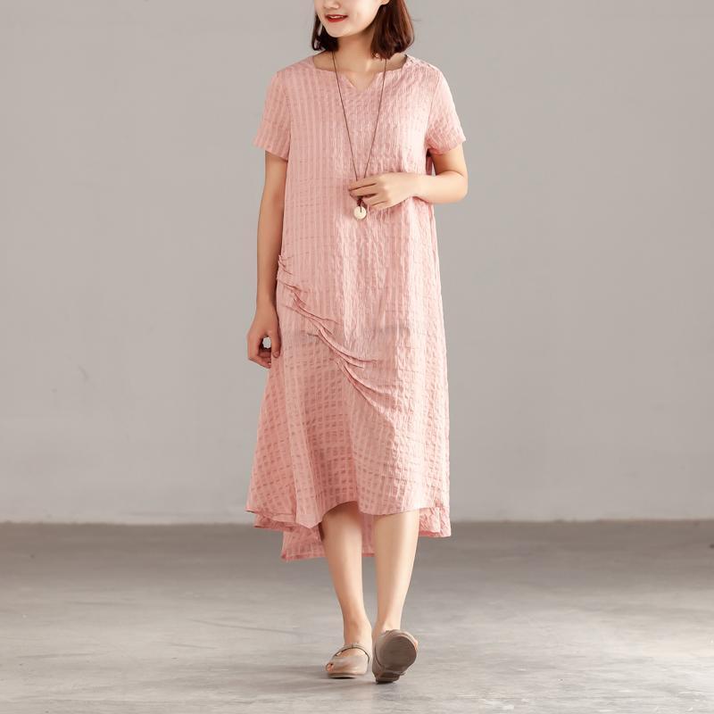 Fine silk linen summer dress stylish Women Pink Short Sleeve Summer Casual Dress - Omychic