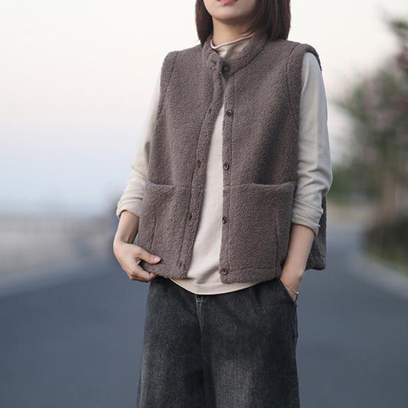 Fine trendy plus size coat jacket chocolate sleeveless pockets wool coat - Omychic
