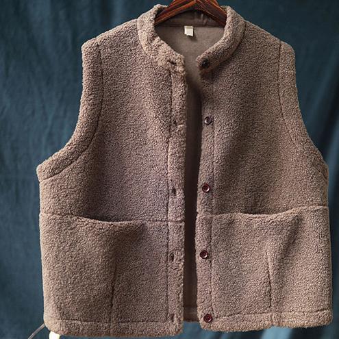 Fine trendy plus size coat jacket chocolate sleeveless pockets wool coat - Omychic