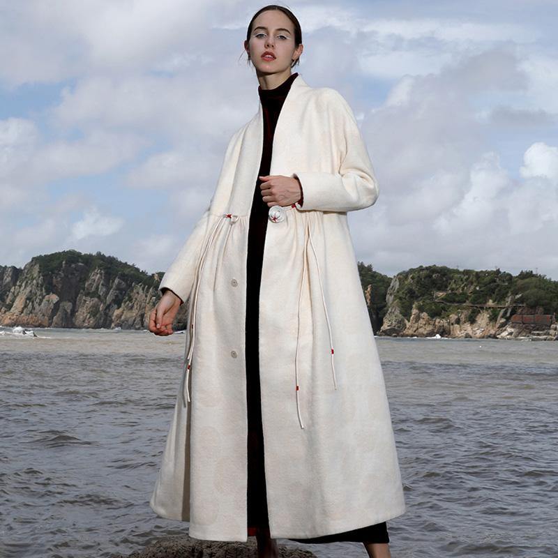 Fine white dotted Woolen Coats oversized Winter coat V neck outwear wrinkled pockets tie waist coats - Omychic