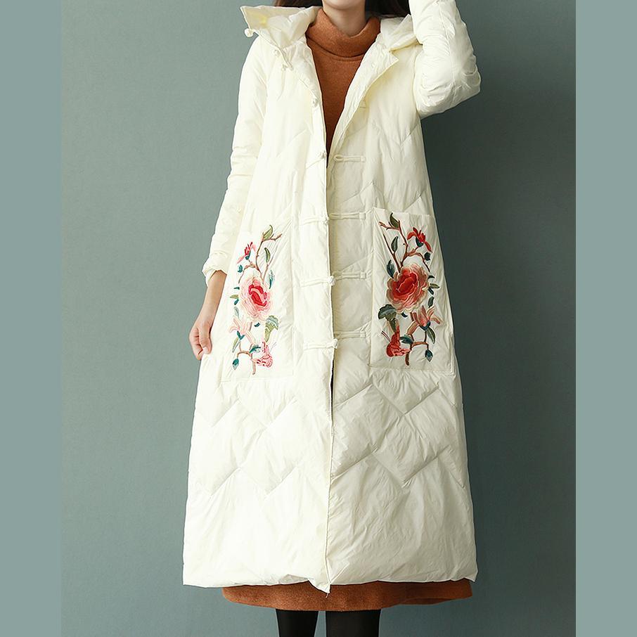 Fine white embroidery duck down coat trendy plus size snow jackets winter outwear Chinese Button hooded - Omychic