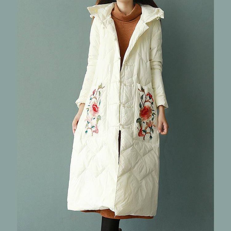 Fine white embroidery duck down coat trendy plus size snow jackets winter outwear Chinese Button hooded - Omychic