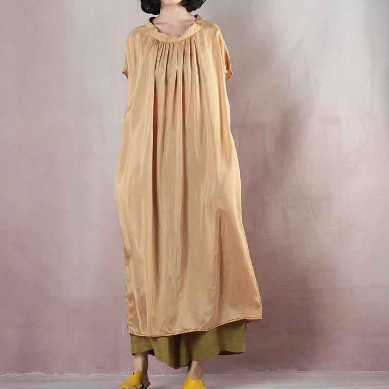 Fine yellow silk maxi dress casual o neck baggy dresses silk gown 2018 short sleeve dress - Omychic