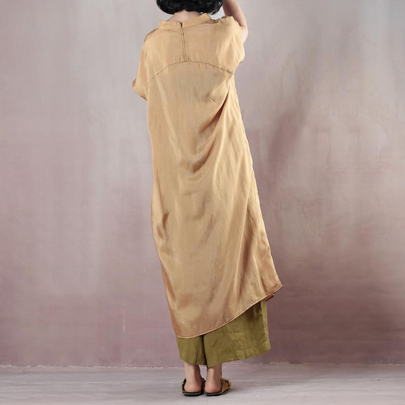 Fine yellow silk maxi dress casual o neck baggy dresses silk gown 2018 short sleeve dress - Omychic