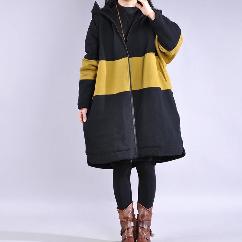 Fine yellow winter parkas plus size warm winter coat hooded patchwork overcoat - Omychic
