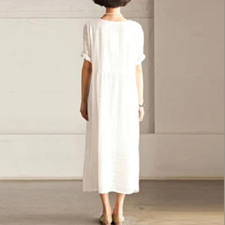 Fine White Short Sleeve Linen Dress Summer Long Dress ( Limited Stock) - Omychic