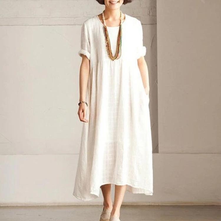 Fine White Short Sleeve Linen Dress Summer Long Dress ( Limited Stock) - Omychic