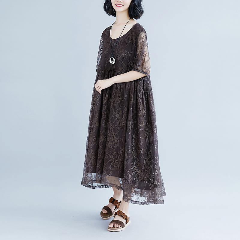 Fine Lace maxi dress trendy plus size Summer Short Sleeve Casual Fake Two-piece Lacing Dress - Omychic