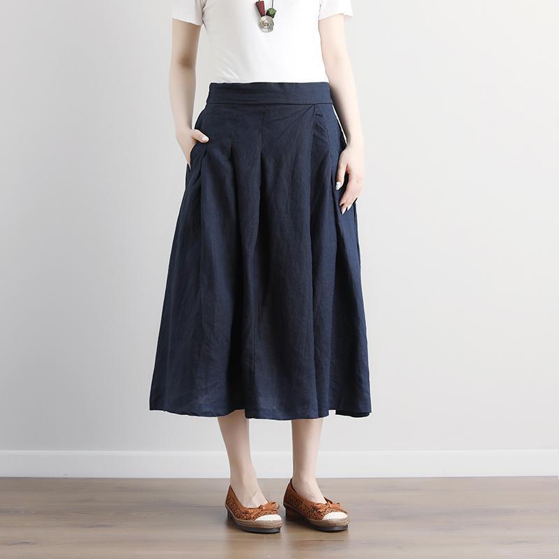 Fine Midi-length linen skirt oversize Casual Summer Pockets Pleated Navy Blue Long Skirts - Omychic