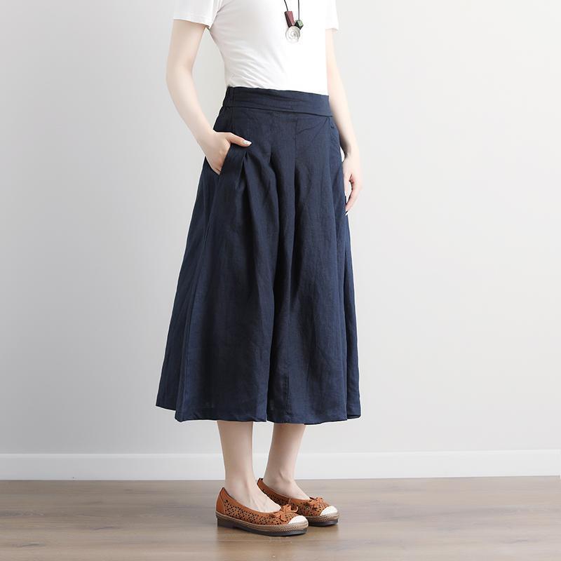 Fine Midi-length linen skirt oversize Casual Summer Pockets Pleated Navy Blue Long Skirts - Omychic