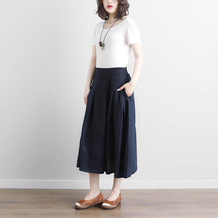 Fine Midi-length linen skirt oversize Casual Summer Pockets Pleated Navy Blue Long Skirts - Omychic