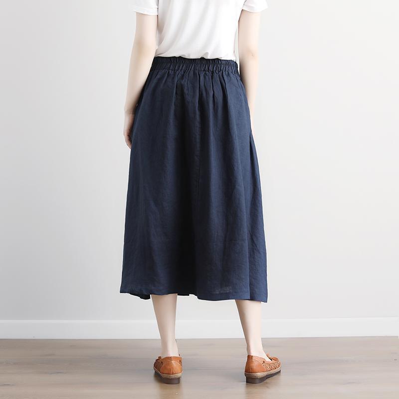 Fine Midi-length linen skirt oversize Casual Summer Pockets Pleated Navy Blue Long Skirts - Omychic