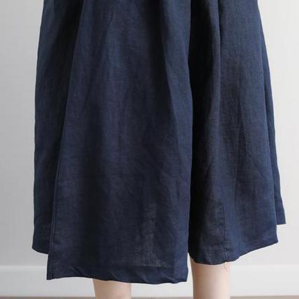 Fine Midi-length linen skirt oversize Casual Summer Pockets Pleated Navy Blue Long Skirts - Omychic