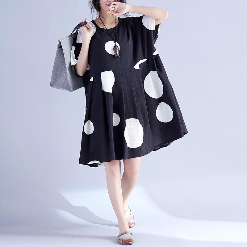 Fine black dotted pure cotton dress oversized cotton maxi dress casual o neck high waist knee dresses - Omychic