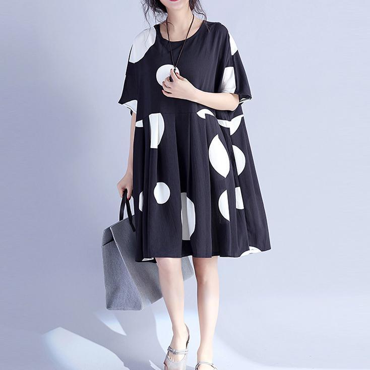 Fine black dotted pure cotton dress oversized cotton maxi dress casual o neck high waist knee dresses - Omychic
