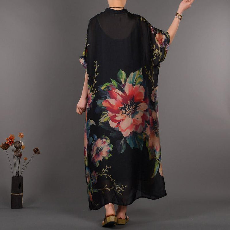 Fine black prints natural silk dress trendy plus size stand collar silk clothing dresses casual Chinese Button caftans - Omychic