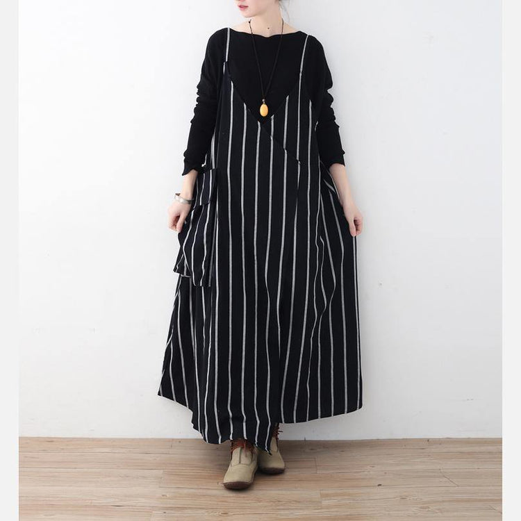 Fine black striped linen dresses trendy plus size big pockets cotton dresses casual sleeveless traveling clothing - Omychic