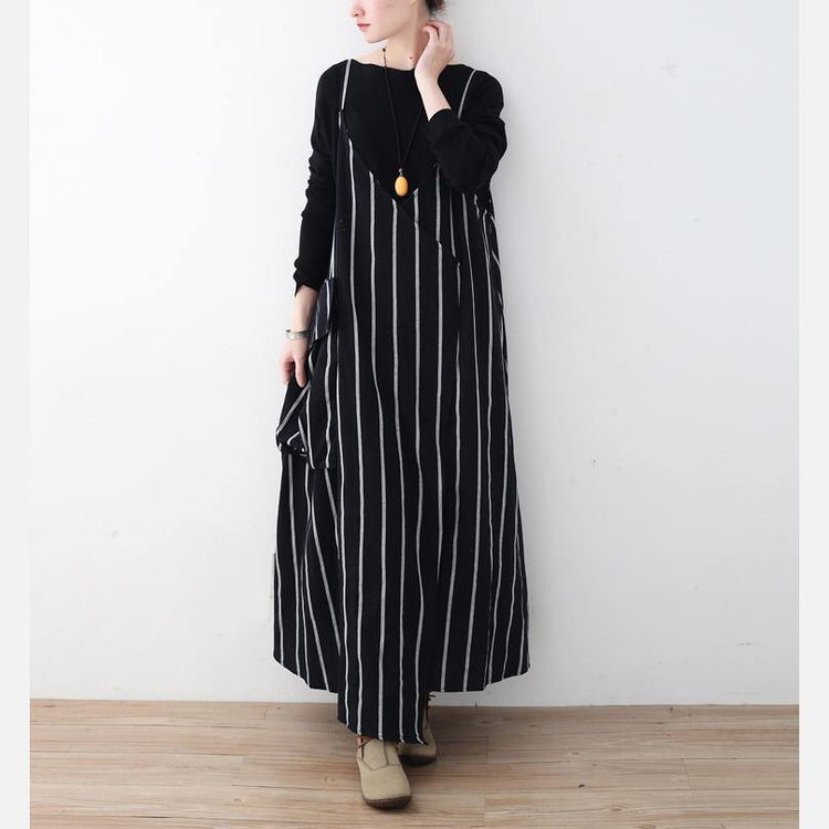 Fine black striped linen dresses trendy plus size big pockets cotton dresses casual sleeveless traveling clothing - Omychic