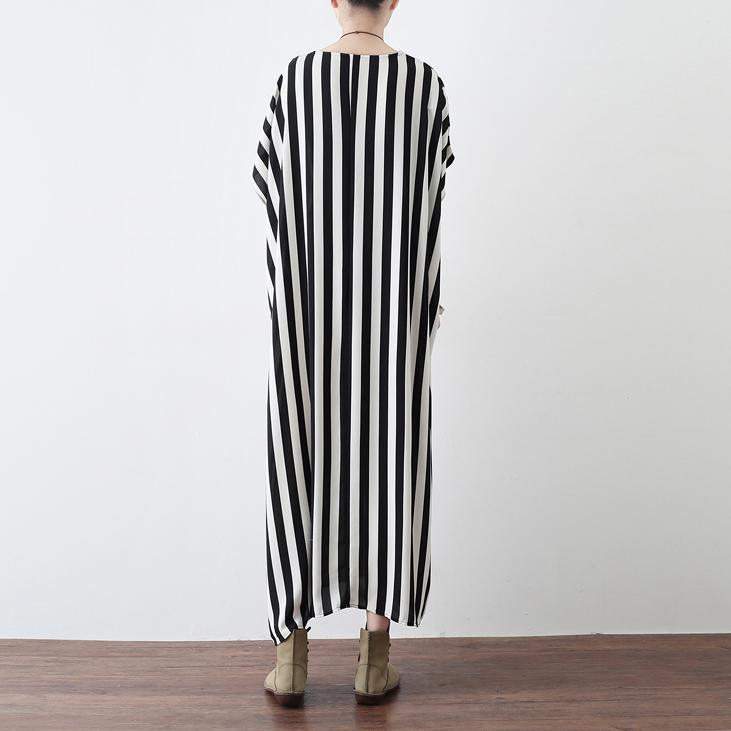 Fine black white striped long chiffon dresses plus size clothing tie waist chiffon gown Fine o neck dress - Omychic