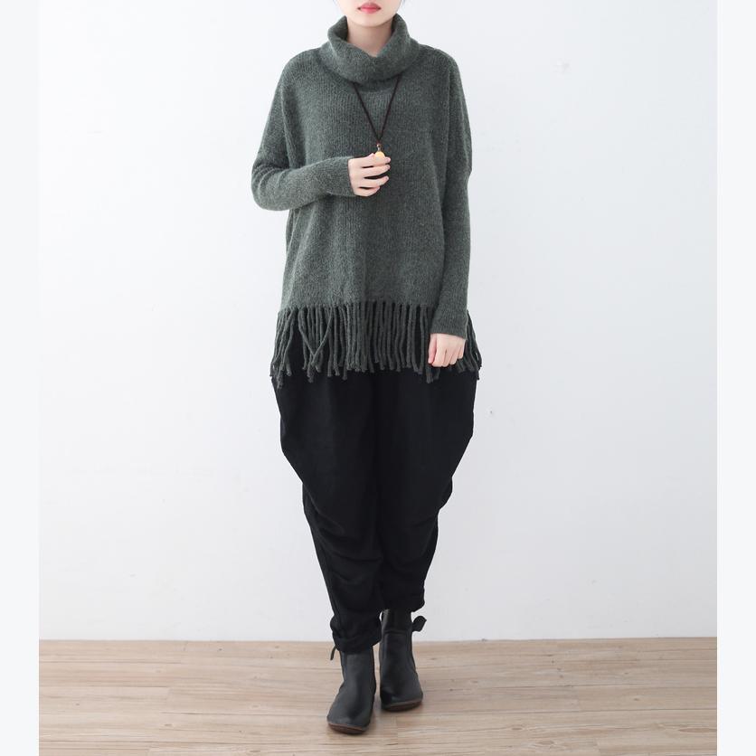 Fine blackish green knit tops plus size tassel pullover 2017  high neck shirt - Omychic